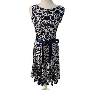 Haani | Artsy Abstract Swing Dress with Ribbon Waist Tie Size Small Midi Modest